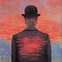 painting of a man looking at a sunset