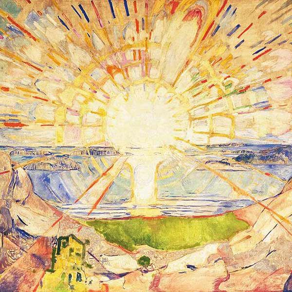 colorful painting of the sun with rays extending over a rocky landscape