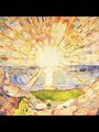 colorful painting of the sun with rays extending over a rocky landscape