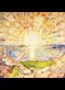 colorful painting of the sun with rays extending over a rocky landscape