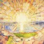 colorful painting of the sun with rays extending over a rocky landscape