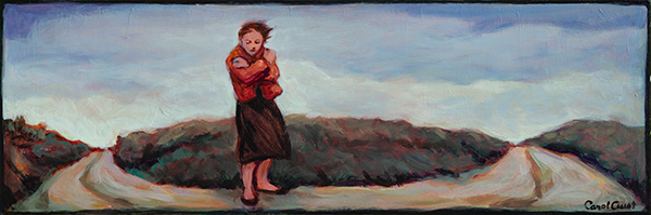 painting of a woman standing on a curving road