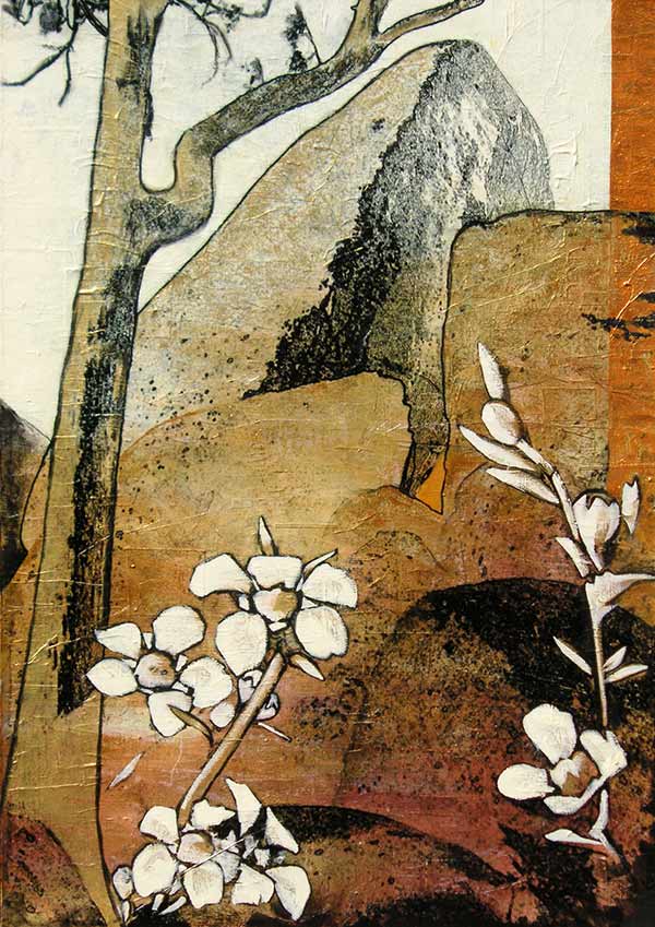 painting of flowers, trees and rocks