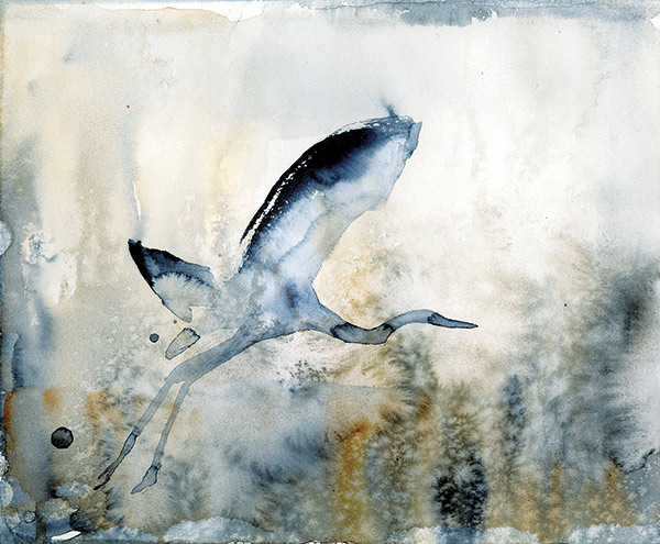 painting of a heron taking flight