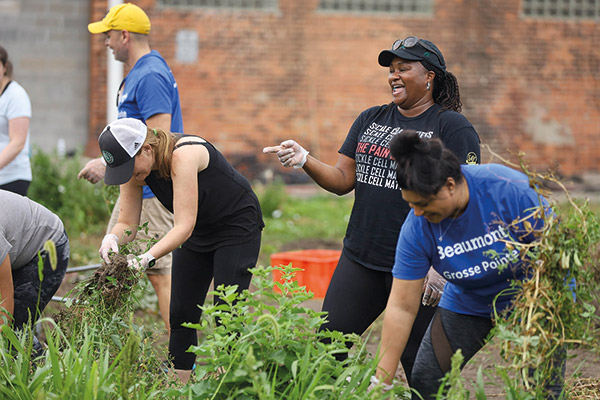 Beaumont Hospital medical residents pull weeds and help pick produce.