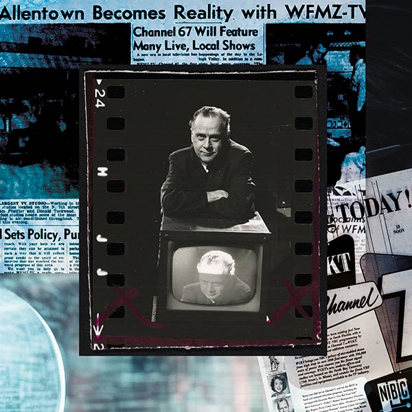 blue toned collage of newspapers and photos of TVs