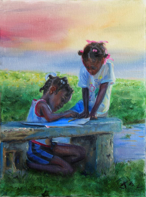 Two girls writing