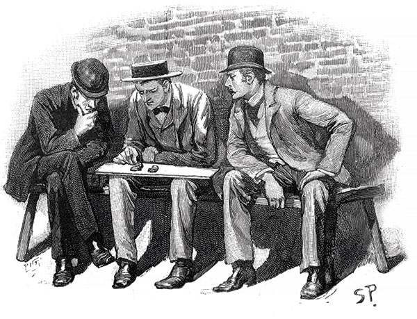drawing of three men discussing something on a bench