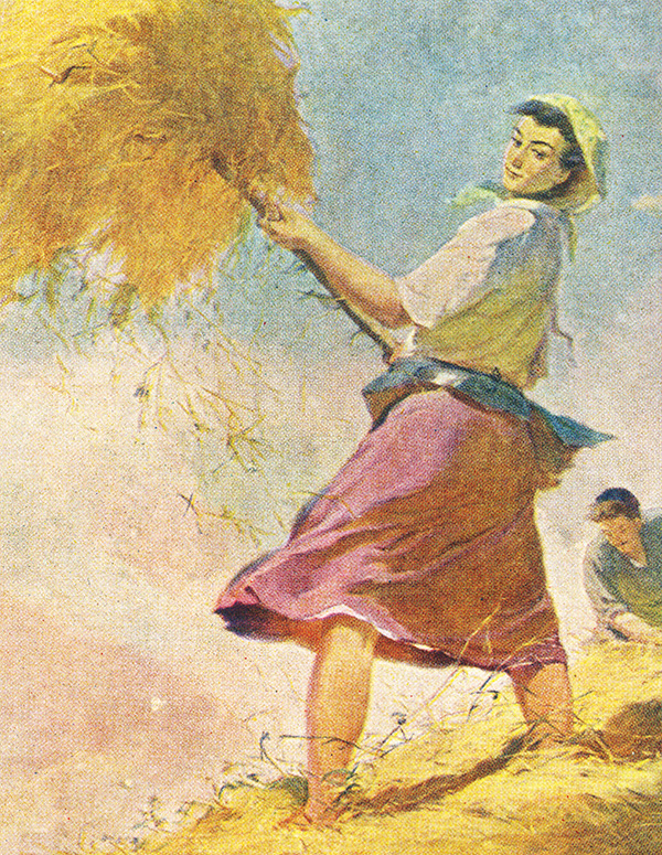 Postkarte, gedruckt in Russland, zeigt das Gemälde Kolhoznica von Chirinashvili