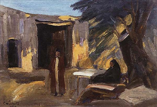 painting of a man standing near a doorway