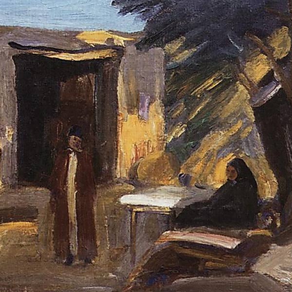painting of a man and woman talking outside a house