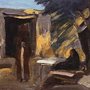 painting of a man and woman talking outside a house