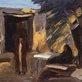 painting of a man and woman talking outside a house