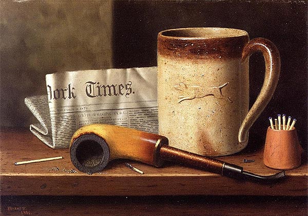 painting of a pipe, a pint of beer and a newspaper