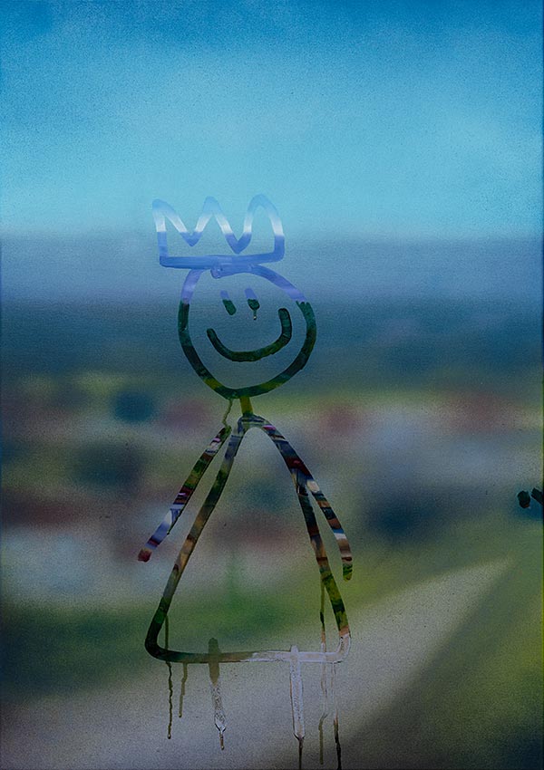 painting of a child's drawing on a foggy windowpane