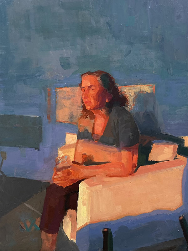 painting of a woman sitting on a sofa