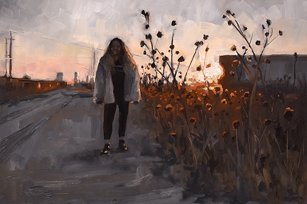 painting of a woman walking on a road near flowers