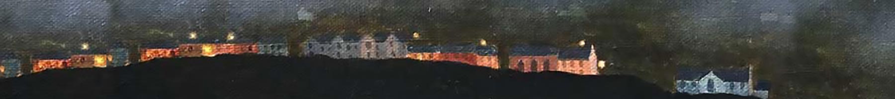 painting of bright houses in the night