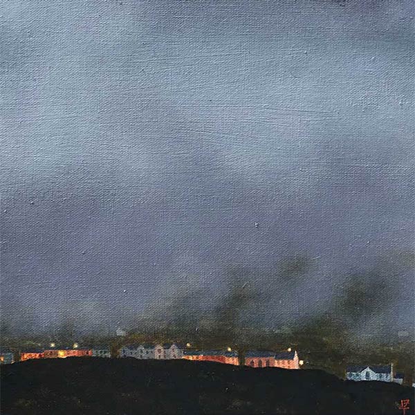 painting of bright houses in the night