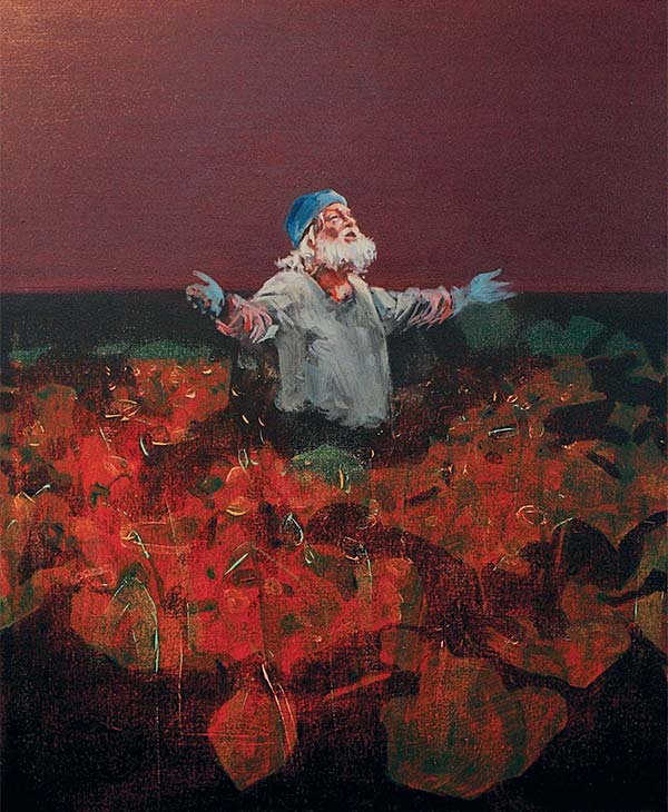 painting of a man standing in a field