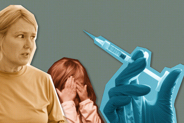 illustration of a woman and child looking fearfully at a vaccination needle