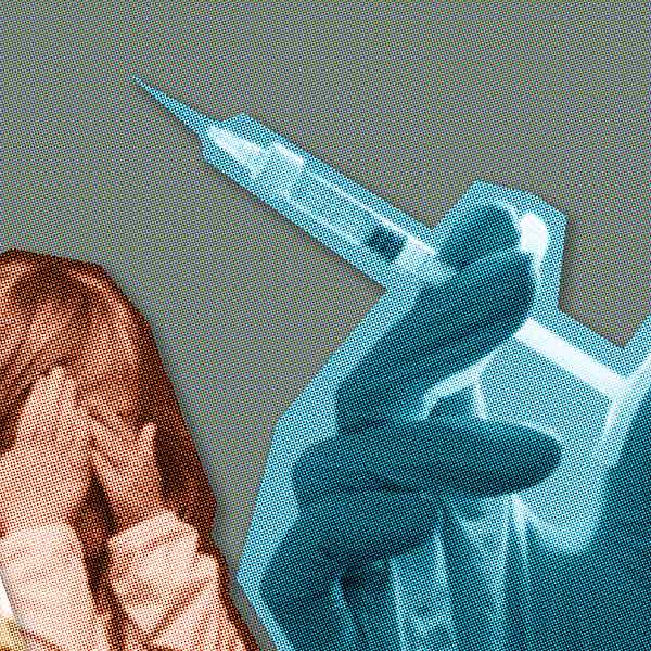 illustration of a woman and child looking fearfully at a vaccination needle