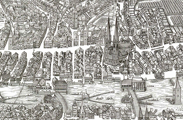 Die Reichsstadt Zürich auf einem Holzschnitt von Jos Murer 1576