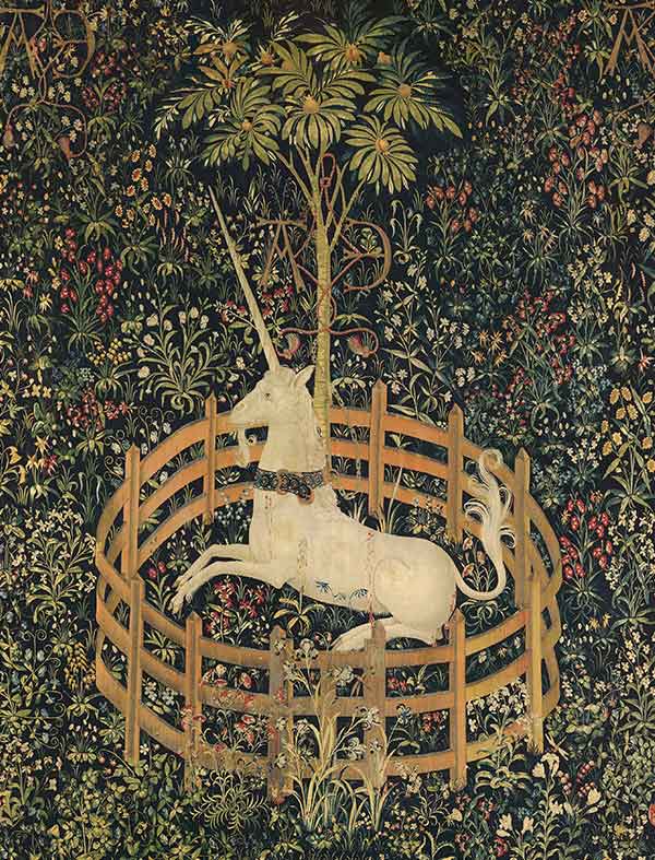 tapestry of a unicorn enclosed by a fence