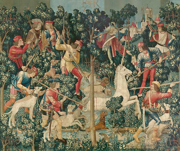 tapestry of hunters attacking a unicorn