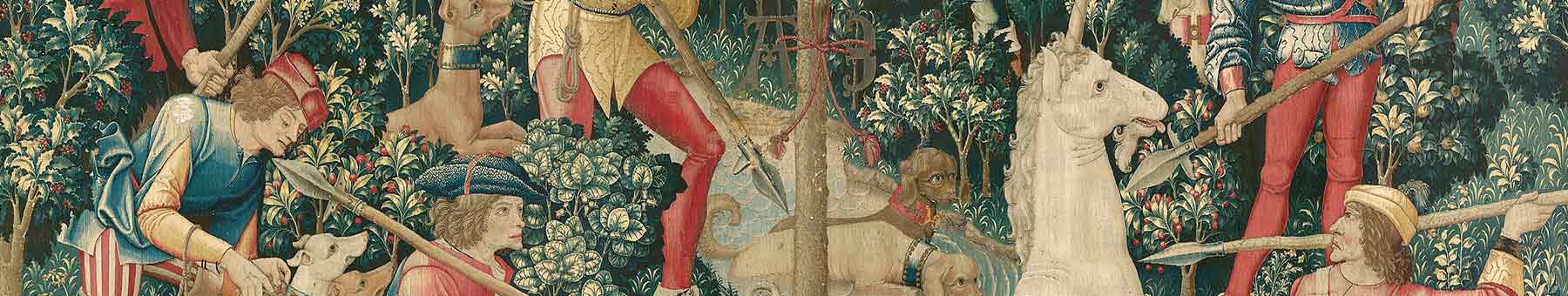 tapestry of hunters attacking a unicorn