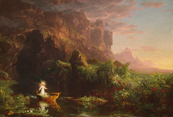 painting of a baby and an angel in a boat