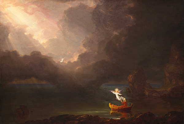 painting of an angel guiding an old man in a boat