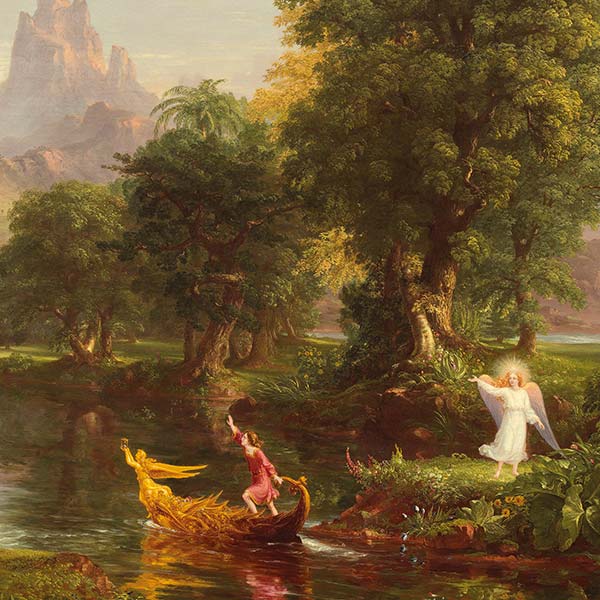 painting of an angel waving to a young man on a boat