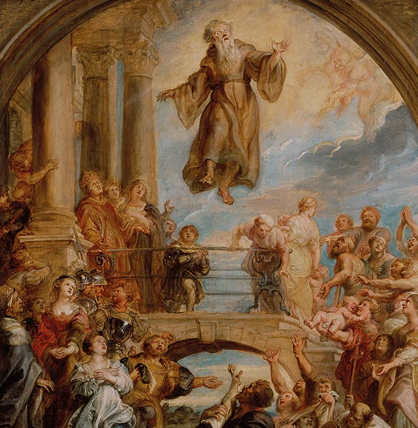 painting of a monk flying above people