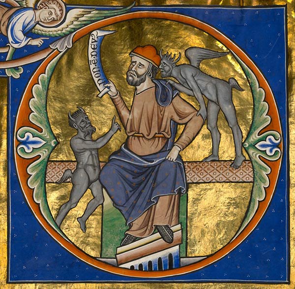 illustration of devils whispering in a man's ear