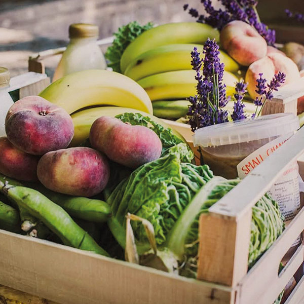 fresh farm produce in a wooden box