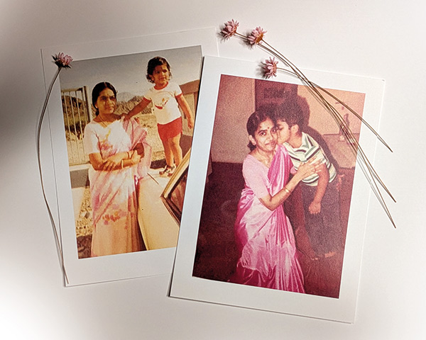 portraits of a boy standing by his mother