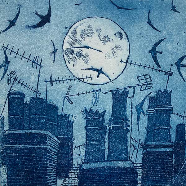 illustration of birds flying in city sky at night